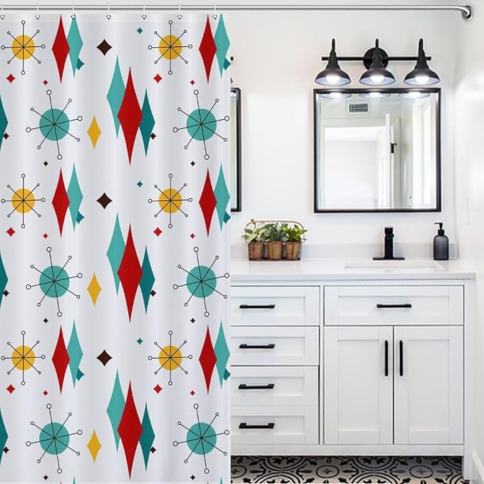 Mid Century Modern Shower Curtain,Atomic Starburst Geometric Diamond Pattern Shower Curtains Set for Bathroom Fabric Decorative Bath Curtain Washable Curtain Hooks, 72x72 in