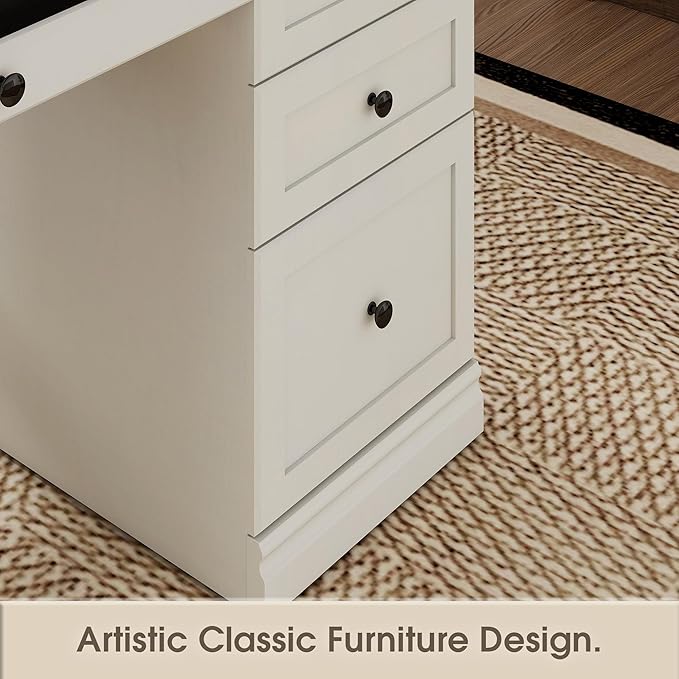 60.5" Executive Office Desk, Classic Computer Desk with File Drawer, Keyboard Tray Cabinet Storage, Farmhouse Wood Writing Desk for Home Office or Study, White with Black Desktop
