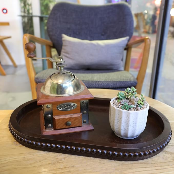 Hrastany Oval Wood Decorative Tray with Wooden Beads, Vintage Serving Platter Tray for Ottoman, Coffee Table, Entertaining, Kitchen Counter Organizer, Home Decor (Retro Brown)