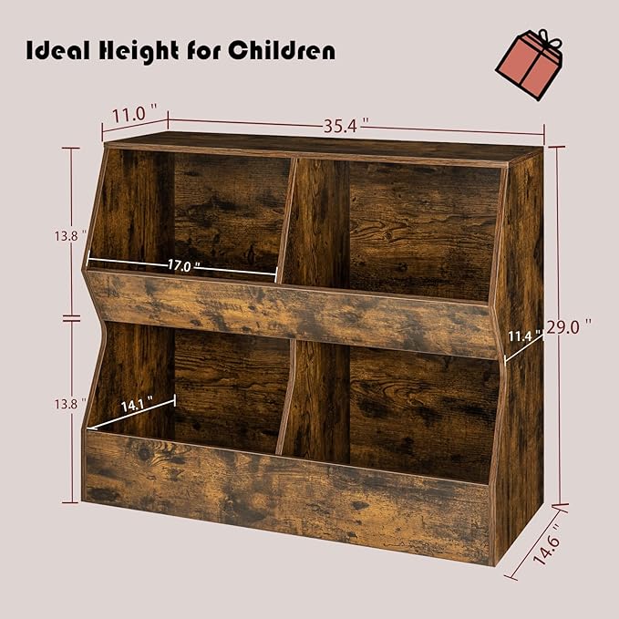 DINZI LVJ Kids Bookshelf, Toy Storage Organizer, Wooden Toy Storage Cabinet, 4 Cubby Children Bookcase, 35.4" L Toddler Book Shelf for Bedroom, Nursery, Hallway, School, Rustic Brown