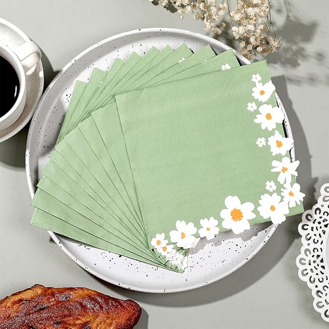 100 Pack Floral Napkins Decorative, Green & White Flowers Dessert Napkins 4-Ply Disposable Paper Luncheon Dinner Napkins for Wedding Birthday Baby Shower Bridal Party Picnics Folded 6.5 x 6.5 Inches