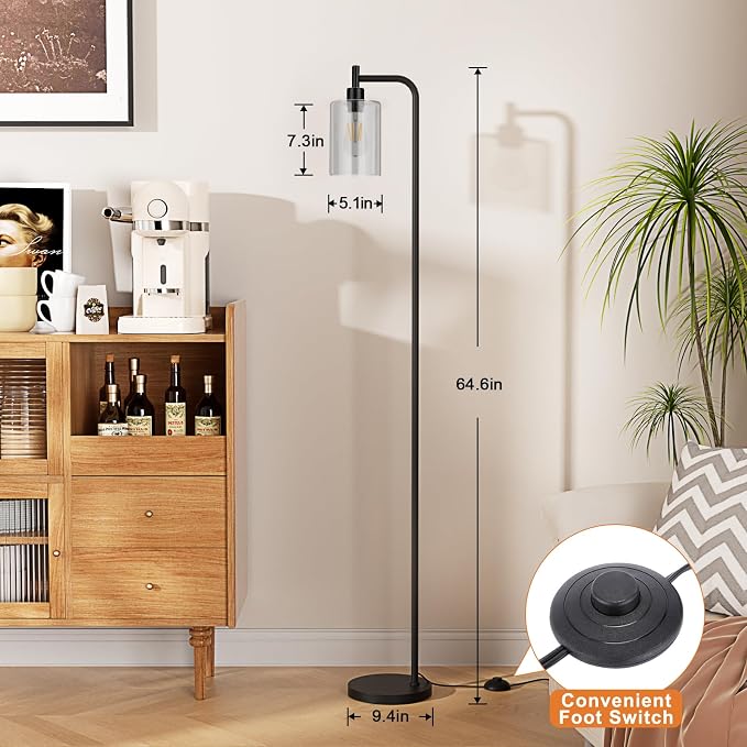 Ziisee Floor Lamps for Living Room - Standing Lamp with Grey Glass Shade, Modern Floor Lamp with LED Bulbs, Industrial Floor Lamp for Bedroom, Black Tall Lamp for Office(Light Bulb Included)