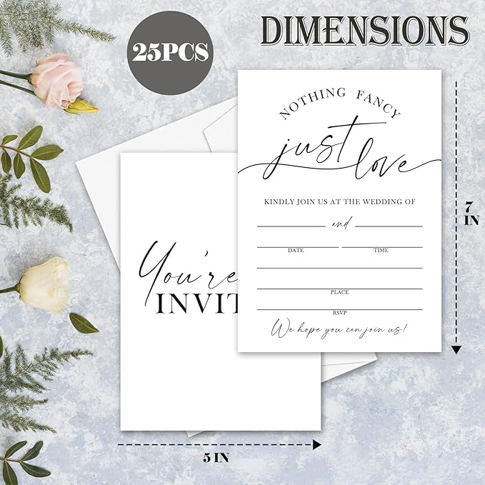 Minimalism White Wedding Invitations, 5"x 7" Nothing Fancy Just Love Wedding Invites Card With Envelopes, 25 PCS for Party Decorations and Supplies - A11