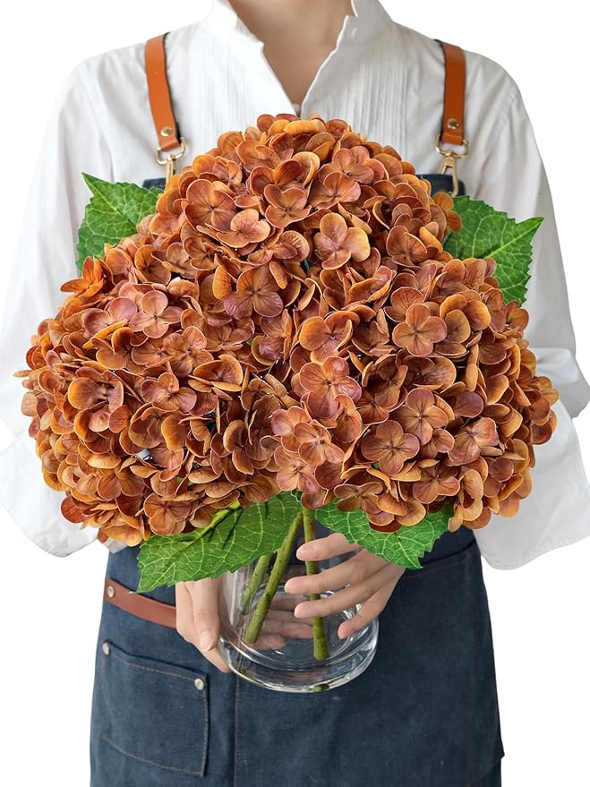 Fall Hydrangea Artificial Flowers, 3Pcs 21” Raw Umber Brown Latex Real Touch Flowers, Faux Silk Flowers Fake Artificial Hydrangeas with Stems for Bouquet Table Centerpieces Halloween