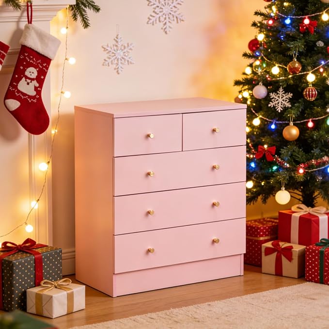 Karl home Pink 5 Drawer Dresser for Bedroom, Tall Dresser Chest of Drawers, Rustic Wood Bedroom Dressers Clothes Organizer, Anti-Tipping Device, Rose Gold Metal Handle, Living Room, Entryway, Office