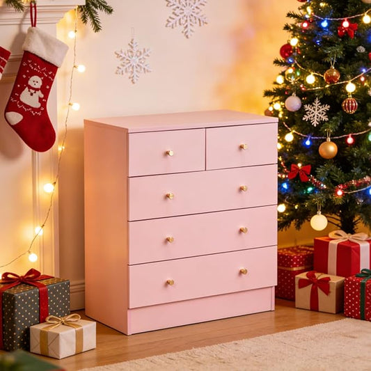 Karl home Pink 5 Drawer Dresser for Bedroom, Tall Dresser Chest of Drawers, Rustic Wood Bedroom Dressers Clothes Organizer, Anti-Tipping Device, Rose Gold Metal Handle, Living Room, Entryway, Office