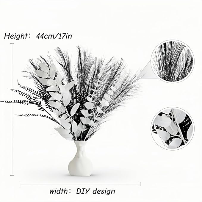 Black and white artificial bouquet in minimalist Nordic style, featuring artificial eucalyptus leaves and pampas grass for home decor, perfect as a centerpiece for hotel desks or dining tables.