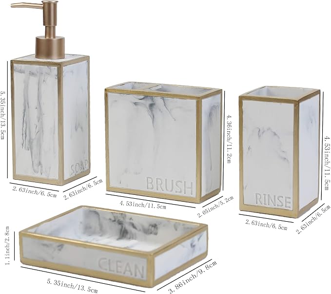 Hymmah Bathroom Accessories Set,Toothbrush Holder,Farmhouse Bathroom Decor,4 Pcs Resin Gift Set Apartment Necessities, Contain Toothbrush Cup,Soap Dispenser,Soap Dish,Tumbler