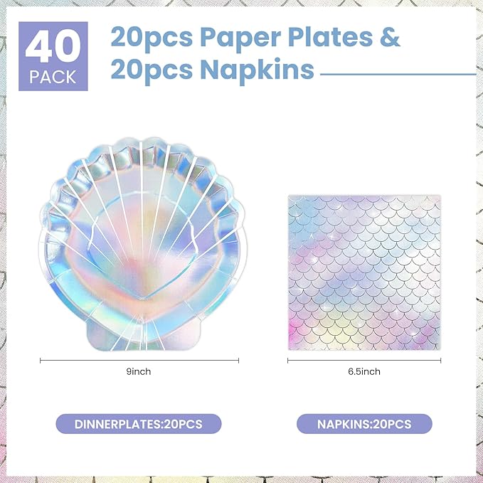 40 Pcs Iridescent Mermaid Plates and Napkins Party Supplies, Seashell Disposable Paper Plates and Napkins Tableware Set for Mermaid Baby Shower Birthday Party Decorations Serves 20