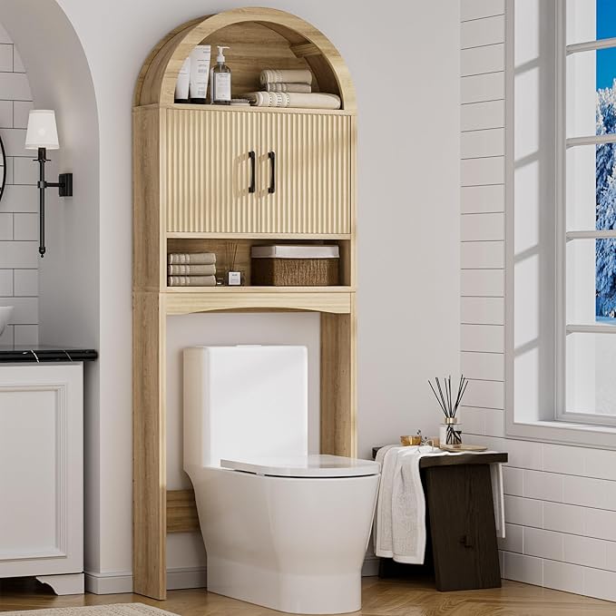 Spurgehom Over The Toilet Storage Cabinet, Bathroom Shelf Organizer Freestanding, Bathroom Arch Cabinet Over Toilet with Toilet Paper Holder and Anti-Tipping Device (Narrow Style-Wood)