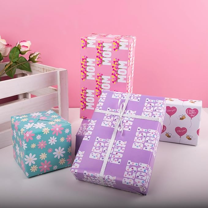 Altarho Mother's Day Wrapping Paper Sheet for Mom Women - Floral Best Mom Ever Words Design Folded Flat for Mother's Day Birthday Party - 20 Inch X 28 Inch Per Sheet(8 Sheets)