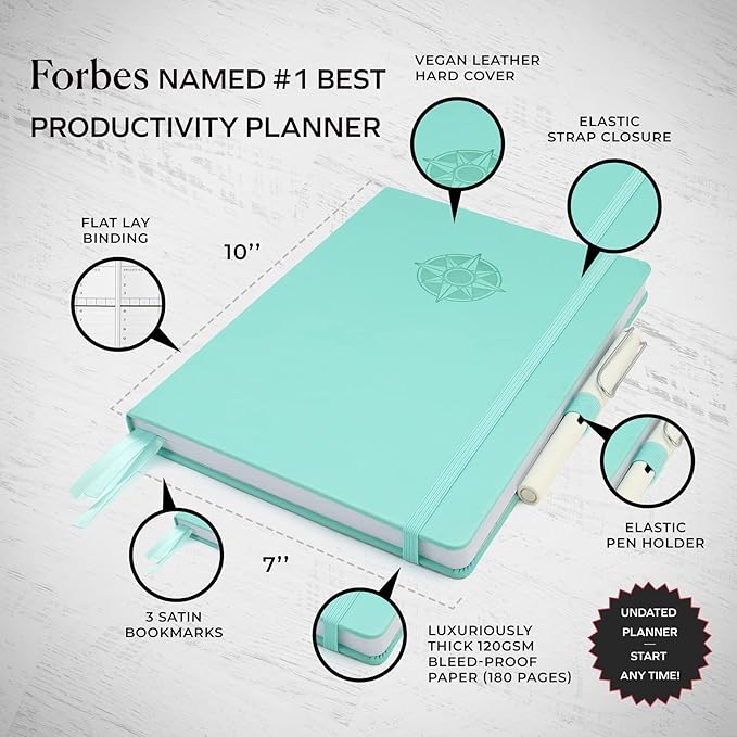 Smart Planner Pro – Medium 10 x 7 inches (B5) – Undated Agenda Daily Planner – Tested & Proven to Achieve Goals & Increase Productivity, Time Management & Happiness with Weekly, Monthly, Gratitude Sections, Back Pocket (Turquoise)