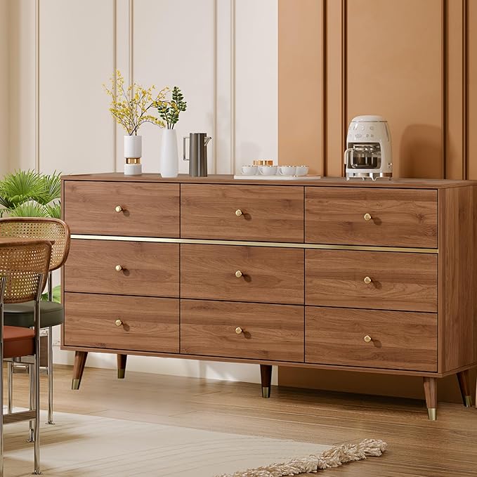 9 Drawer Dresser,63" Wide Mid Century Modern Chest of Drawers,Wooden Bedroom Drawer Dresser with 9 Storage Drawers for Bedroom, Living Room,with Anti-Tipping Device,Walnuts