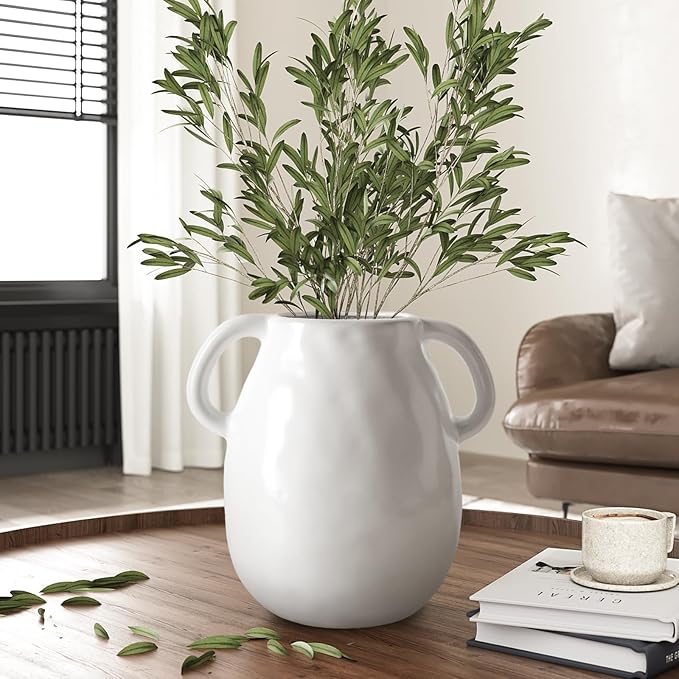 7 Inch Rustic White Ceramic Vase with Double Handles, Retro Farmhouse Glazed Clay Vases for Flowers, Decorative White Flower Vase for Bouquet, Home Décor, Table, Shelf, Kitchen, Living Room