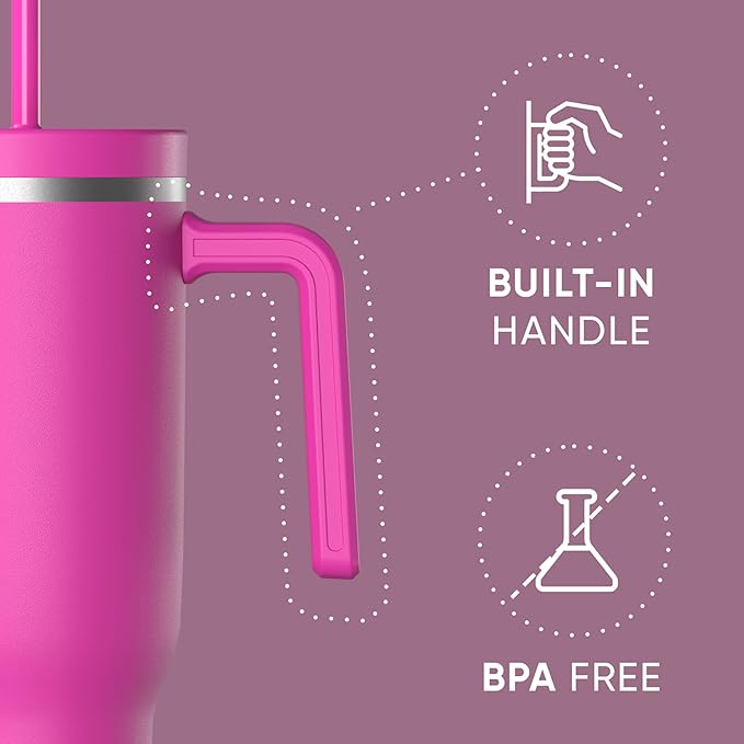 Hydrapeak Voyager 40 Oz Stainless Steel Tumbler with Handle, Insulated Water Bottle With Straw & Lid, Cupholder Friendly Reusable Travel Mug (Fuchsia)