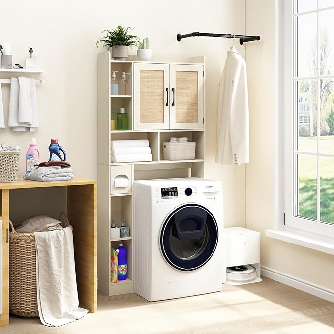 RUSTOWN Rattan Over The Toilet Storage Cabinet,Boho Over Toilet Bathroom Organizer with 2 Doors & Adjustable Shelves,Modern Above Toilet Rack with Toilet Paper Holder for Bathroom (Vintage White)