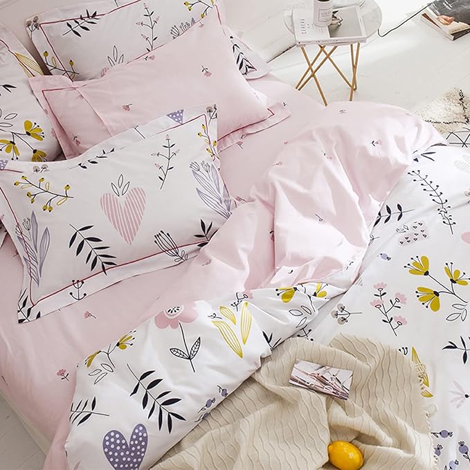 HighBuy Girls Duvet Cover King Floral Aesthetic Coquette Bedding Set White Pink Premium Cotton Teens Flower Bedding Set King Kids Comforter Cover Soft Branches Bedding Collection King Pink