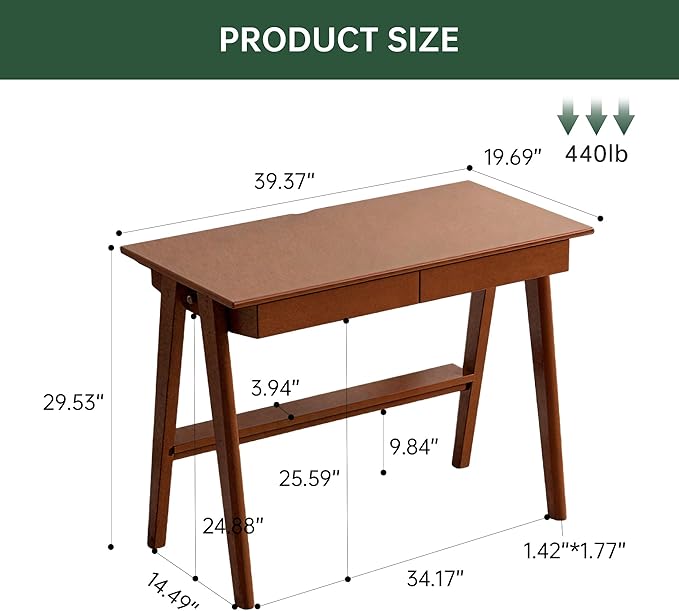 100% Solid Rubber Wood Desk Home Office Desk Mid Century Modern Writing Computer Desk with Drawer for Home Office 39"