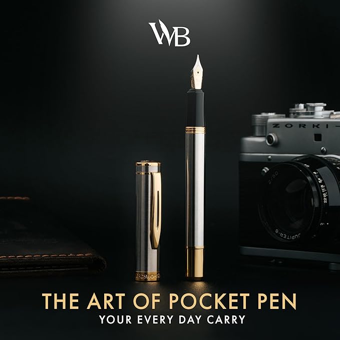 Wordsworth and Black Fountain Pen Mini EDC: Luxury Silver Heavy Pocket Pen, Gold Finish, Medium Nib, 6 Ink Cartridges, Ink Converter, Travel Refillable Writing Pen Gift Set, Men & Women