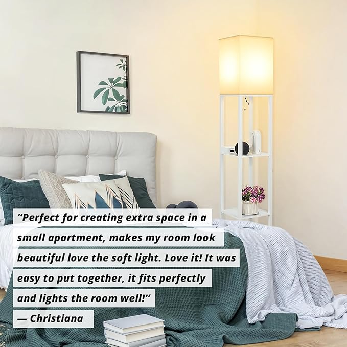 Mlambert Modern Shelf Floor Lamp with Wireless Charger & Fast Charging USB Ports & Type C Port & 2 Power Outlets,3 Tier Storage Lamp for Bedroom,White