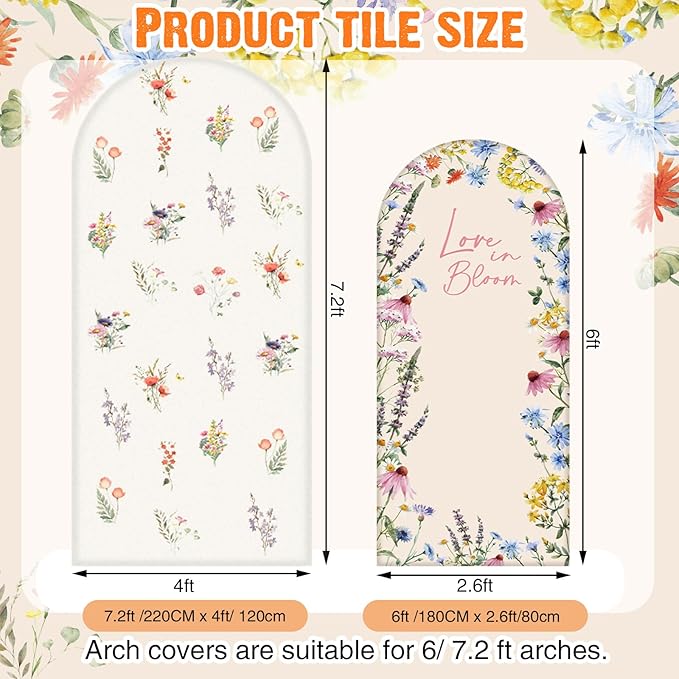 Chunful 2 Pcs Love in Bloom Bridal Shower Decorations 2-Sided Round Top Cute Wildflower Backdrop Arch Cover for Wedding Bridal Bride-to-be Engagement Wedding Party Supplies 6 ft/7.2 ft (Pink)