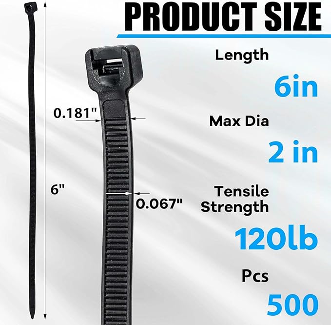 Reallnaive 500 Pcs 6 Inch Zip Ties Heavy Duty 120 Lbs Tensile Strength Black Nylon Wire Cable Ties Bulk for Indoor Outdoor