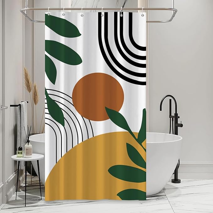 Boho Geometric Shower Curtain White Beige Mid Century Abstract Arch Curve Bathroom Curtain Minimalistic Sun Shower Curtain Sets for Bathroom Extra Long 54x72 in with 10 Hooks