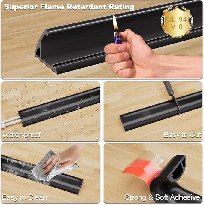 Kneelisa 4FT Side-Open Extension Cord Covers for Wires on Floor,Silicone Power Cable Protector Cord Hider Management Strip,Hide Electric Wire on Carpet,Chord Runner Protective Safety Wiremold,Black