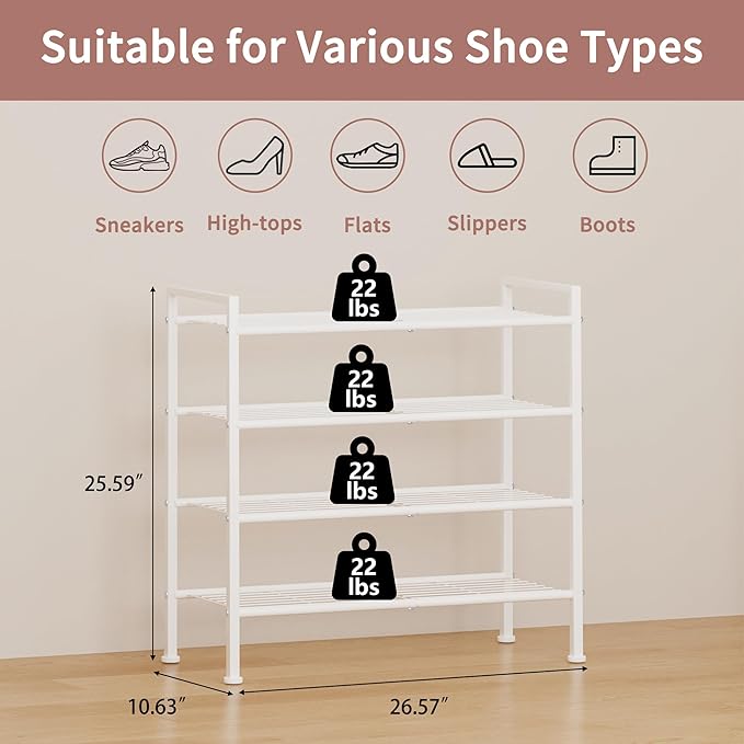 DongRong 4-Tier Shoe Rack,Metal White Shoe Storage Organizer Shelf for Closet,Entryway,Hallway,Dorm (White, 4 Tier)