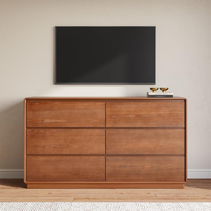 Solid Wood Dresser for Bedroom, Natural Solid Wood 6 Drawer Dresser,55.2" Wide Mid Century Modern Chest of Drawers, Closet Storage Organizer for Living Room, Bedroom