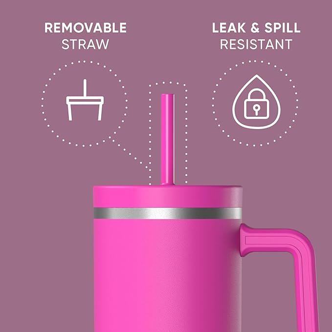 Hydrapeak Voyager 40 Oz Stainless Steel Tumbler with Handle, Insulated Water Bottle With Straw & Lid, Cupholder Friendly Reusable Travel Mug (Fuchsia)