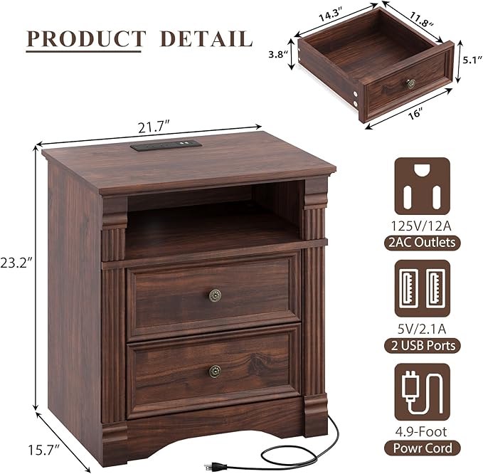 Walnut Nightstand with Charging Station, Farmhouse End Table with 2 Drawers and Storage Shelf, Wooden Bedside Table with Metal Handles, Vintage Design, Organizer for Bedroom, Hallway