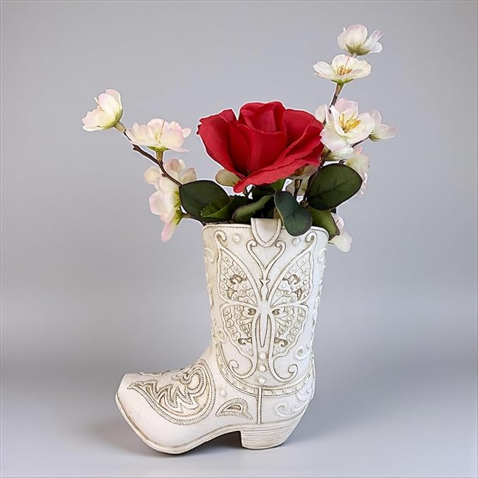 Top Brass Butterfly Boot Vase – Resin Cowboy/Cowgirl Boot Decor - Antique White Finish, Tooled Leather Look, Protective Pads, Modern Rustic Western Flower Holder, 7” Tall