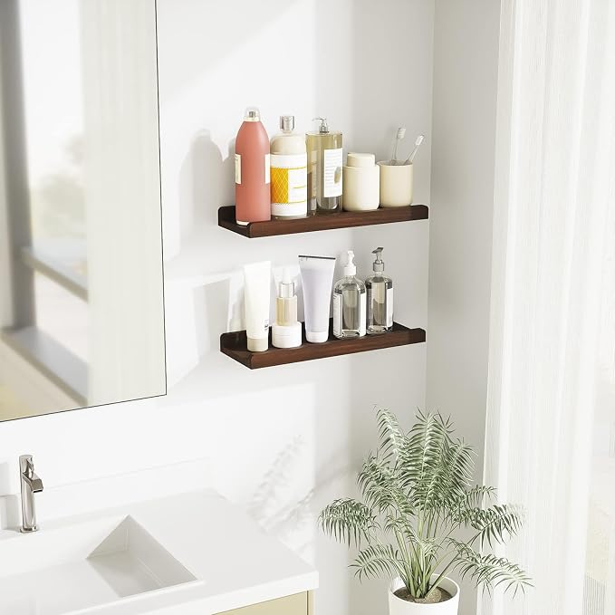 Love-KANKEI Floating Shelves Wall Mounted Set of 2, 17 Inch Rustic Wood Wall Shelves for Storage, Bedroom Living Room Bathroom Kitchen Office and More Dark Walnut