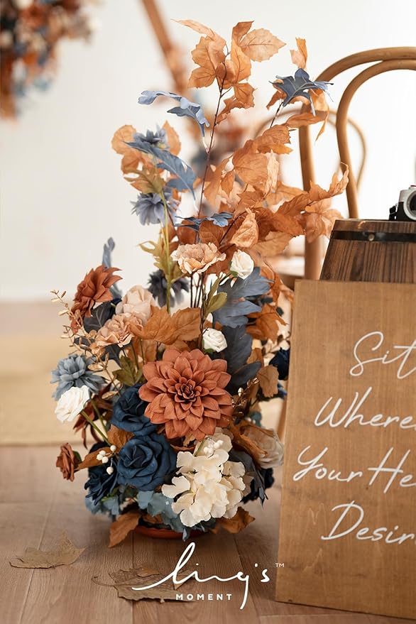 Ling's moment 41" Tall Fall Free Standing Artificial Flowers Arrangements 2 pcs Wedding Arch Altar Stage Decorations Russet Orange & Denim Blue for Ceremony Reception Church Backdrop Outdoor Party