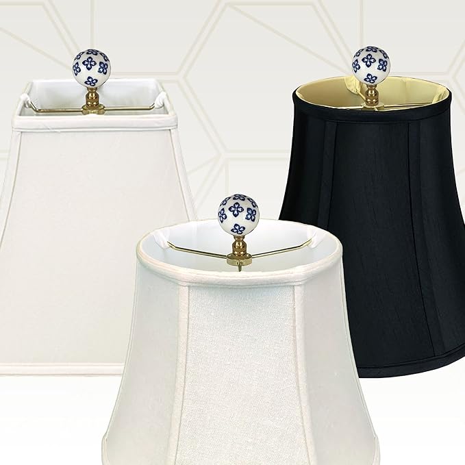 Royal Designs, Inc. White Porcelain Ball with Blue Ornament Design Finial for Lamp Shade, Polished Brass