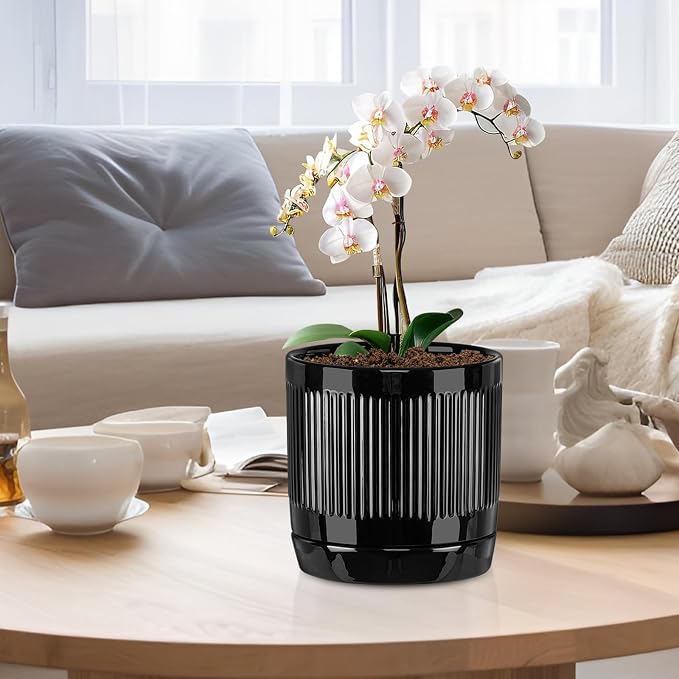 Vanavazon 6 Inch Glazed Ceramic Plant Pots with Drainage Hole and Saucer, Cylinder Indoor Planters for All House Plants, Modern Decor for Home & Office, Set of 2 (Black)