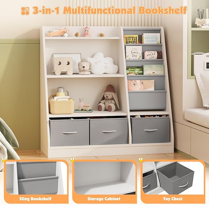NACHES Kids Bookshelf and Toy Storage Organizer, Montessori Nursery Book Shelves with Sling Rack & Fabric Toy Bins, Children Toddler Baby Bookcase, Wooden Toy Shelf for Kids Room, Playroom, White