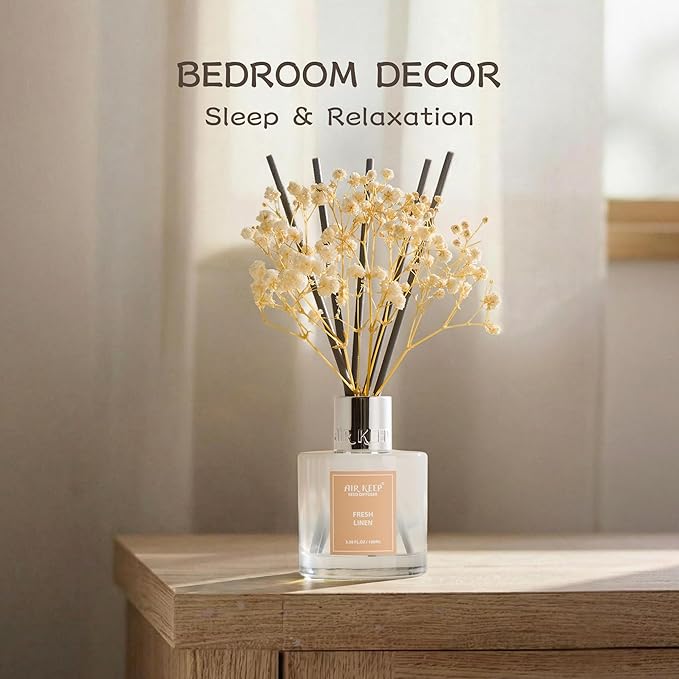 Airkeep Reed Diffuser Set,3.38 fl oz (100 ml) - Fresh Linen Oil Diffusers with 8 Reed Sticks, Home Fragrance Reed Diffuser for Bathroom Shelf Decor