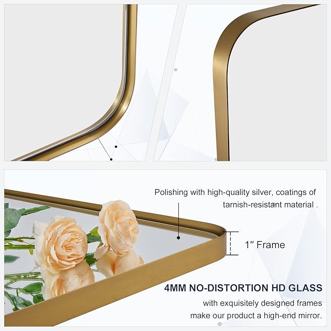 ANDY STAR Gold Bathroom Mirror, 30x36 Brushed Brass Rectangle Mirror for Bathroom, Modern Rectangular Wall Mounted Mirror for Vanity, Crafted of Stainless Steel Metal Frame…