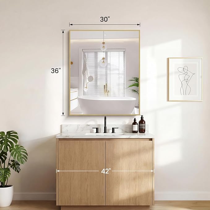 Sweetcrispy Bathroom Mirror for Over Sink, 30" x 36" Rectangle Wall Mount Mirrors with Metal Frame, Modern Vanity Mirror with Tempered Glass, for Home Decor, Anti-Rust, Gold