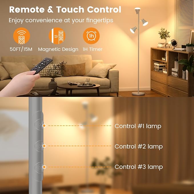 SIBRILLE 36W LED Tree Floor Lamp, Dimmable Tall Standing Lamp with Remote & Touch Control, 4 Color Temperatures Bright Floor Lamp, 3 Rotatable Light Modern Floor Lamps