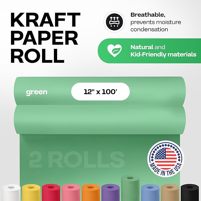 12" x 1200" (100 ft) Christmas Green Kraft Paper Rolls, Pack of 2 - USA-Made Quality Craft Paper for Gift Wrapping, Kids' Arts & Crafts, School Projects - 50 lb Natural Material by IDL Packaging