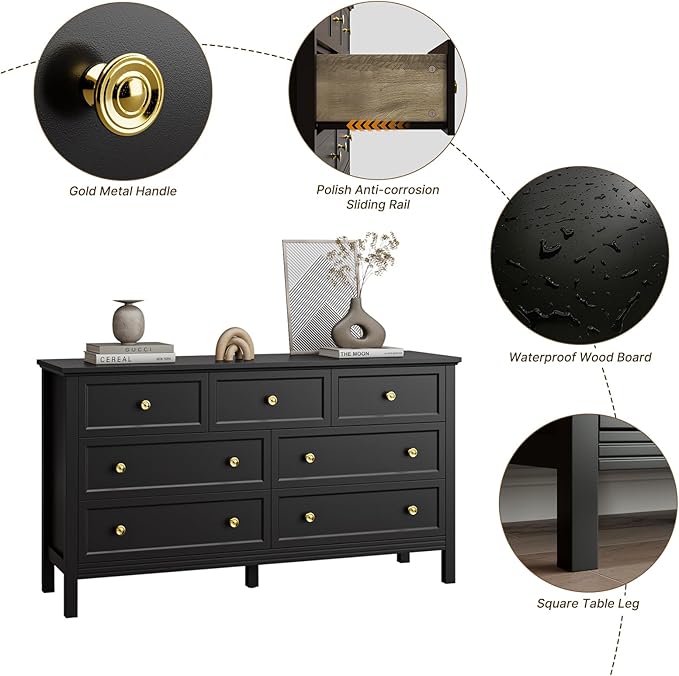 Black Dresser for Bedroom with Gold Handle Modern 7 Drawer Dresser, Wood Chest of Drawer Closet Clothes Storage Organizer for Living Room, Hallway, TV Stand, 55 Inch