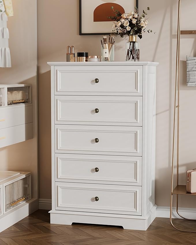 White Dresser for Bedroom, 44" Tall 5 Drawer Dresser, Wooden Chest of Drawers with Large Storage, Vertical Dressers for Closet, Living Room, Hallway