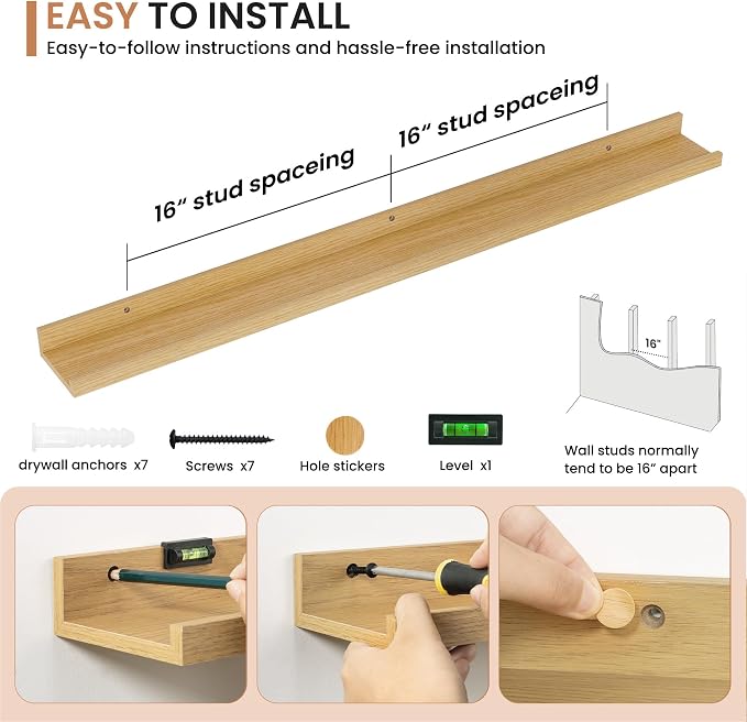 Dreamland Picture Ledge Shelf for Wall, Floating Shelves Set of 2, 48 Inch Long Floating Shelves with Lip for Living Room, Bedroom, Bathroom, Kitchen, Oak