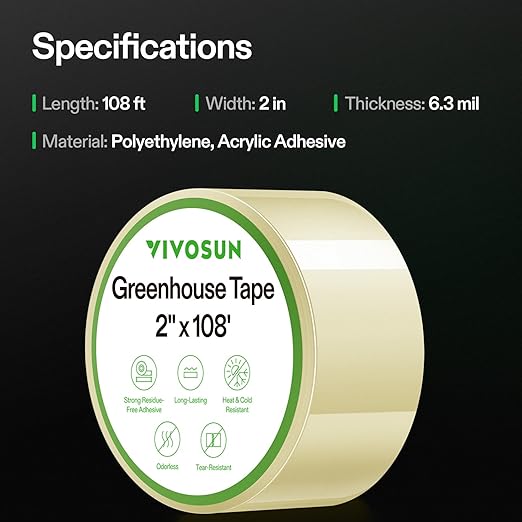 VIVOSUN Greenhouse Repair Tape, 6.3 mil 2" x 108' Weatherproof Clear Poly Patch Tape, Heavy Duty Greenhouse Sheeting Coverings Film Tape for Plastic Sheeting and Tents