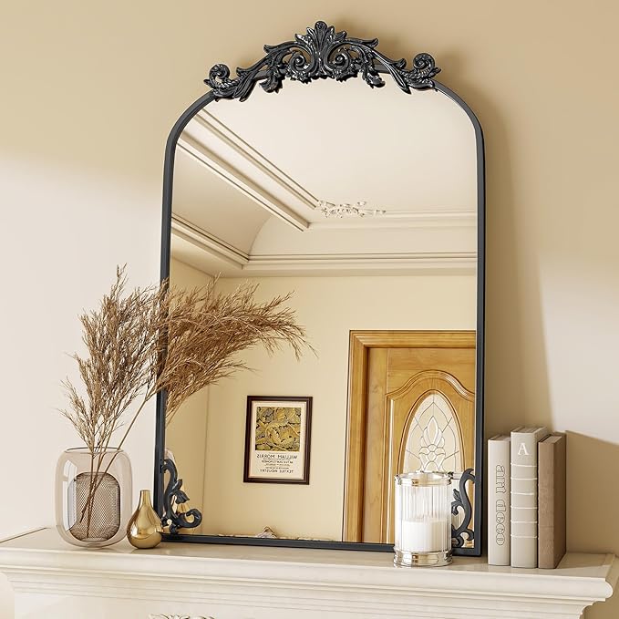 VooBang 26x38 inch Vintage Arched Bathroom Mirror - Gorgeous Wall Vanity Mirror with Beautiful Retro Top and Bottom Engraving Process Frame for Entryway Hallway Living Room, Black
