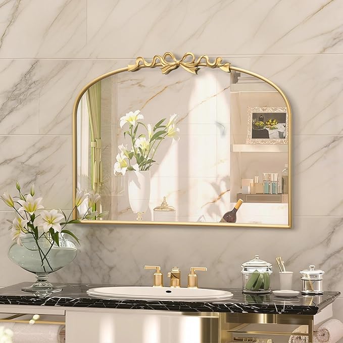 Besdomus Antique Arched Gold Mirror: 32"x24" Large Arch Bow Antique Wall Mounted Mirror - Baroque Traditional Ornate for Living Room/Entryway/Bathroom- Ideal for Home Renovations