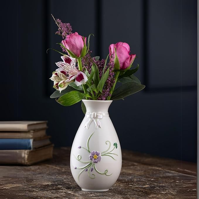 Belleek Ribbon Spill Vase - White Flower Vase Handcrafted Fine Parian China Shamrock Irish Decor, 3.5”D x 6”H